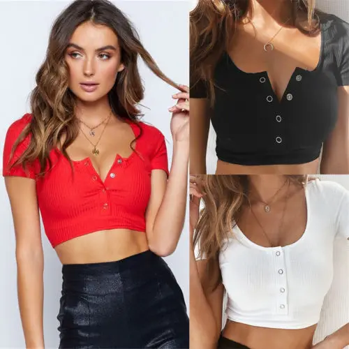 

Women Solid Girls Button Crops Tops Casual V-neck Short Sleeve Brief Tank Tops Vests Tops Clothes Outfits