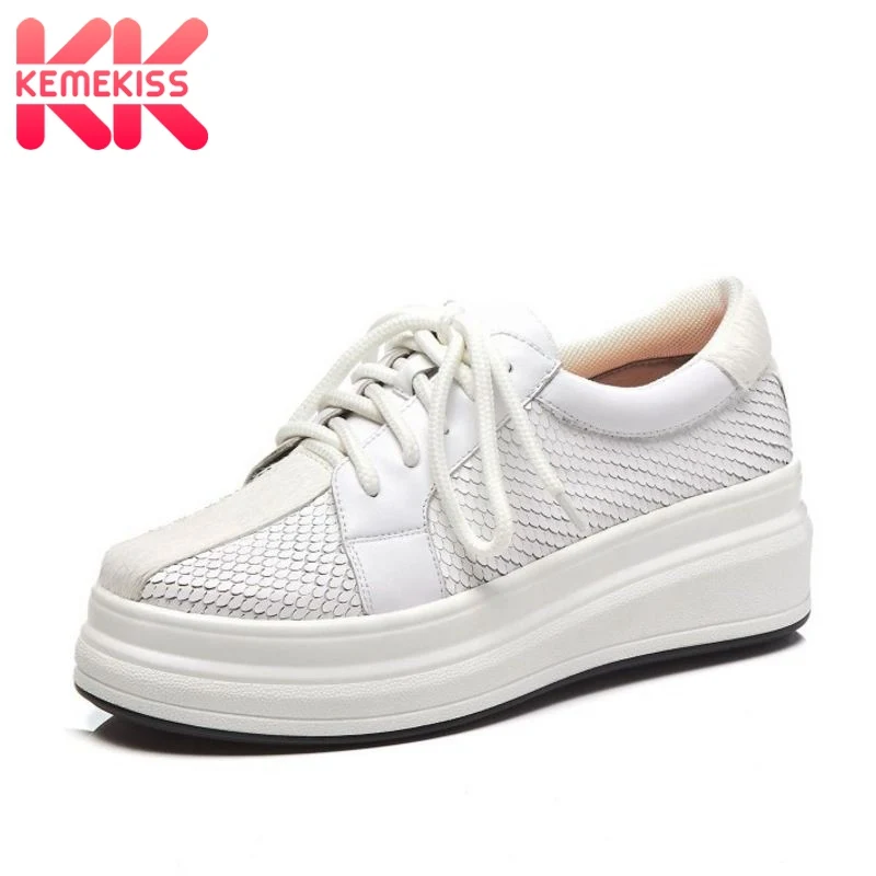

KemeKiss Casual White Shoes Women Thick Bottom Genuine Leather Women Shoes Lace Up Outdoor Walk Damping Sneaker Size 34-39
