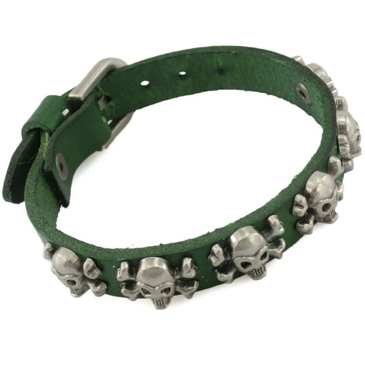 Новинка, винтажный браслет в стиле рок-панк из натуральной кожи, Pulseira Mujer, мужские браслеты с черепом, браслет с подвеской для женщин и мужчин, ювелирные изделия - Окраска металла: green