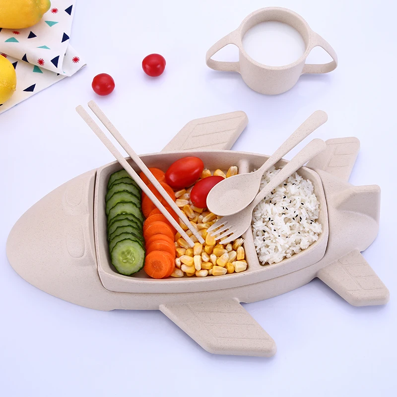 Cartoon Baby Dishes Bamboo Fiber Sub-grid Plates Creative Airplane Children Tableware For Infant Kids Feeding Dinnerware Sets