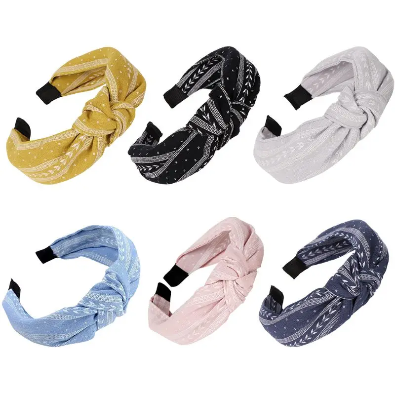 

Boho Ethnic Linen Wide Headband Women Girl Handmade Twist Knotted Hair Hoop Vintage Leaves Striped Print Cloth Wrapped Headpiece
