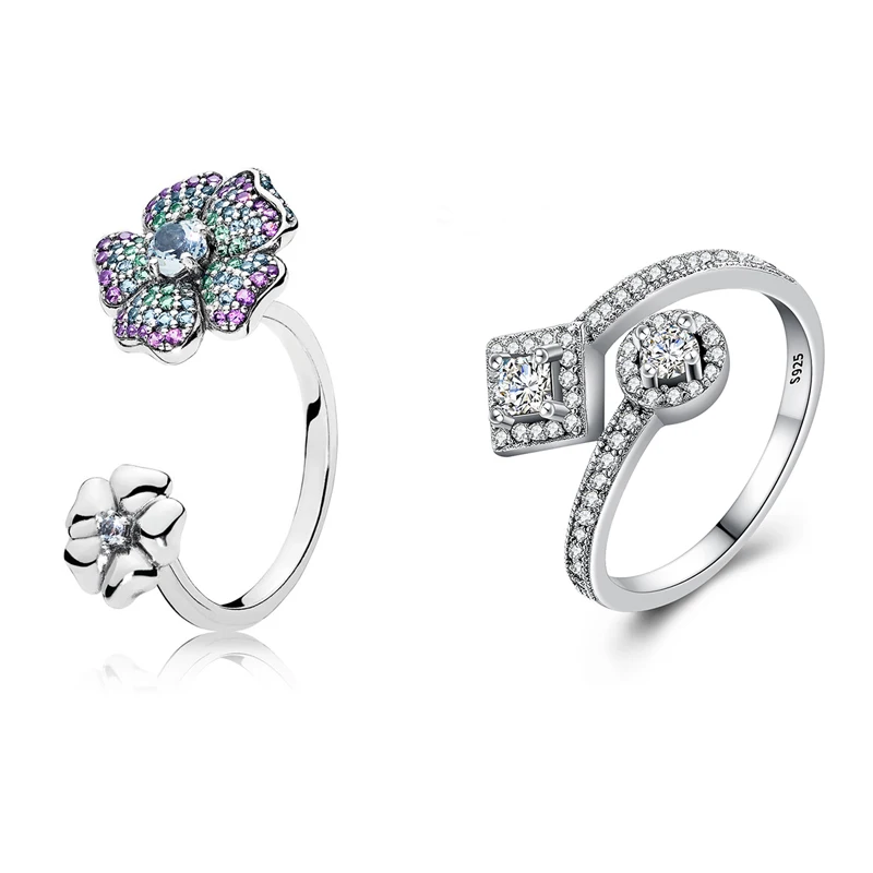 

Resizable Size 925 Silver Ring Charm With Flower Crystal CZ Finger Rings For Women Jewelry