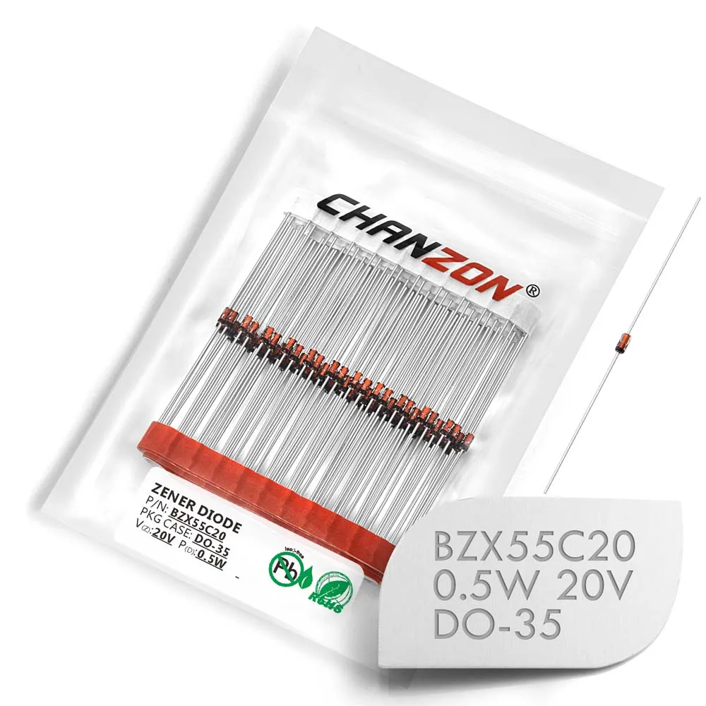 

(100 Pcs) BZX55C20 BZX55C20V (1N5250B) Zener Diode 0.5W 20V DO-35 (DO-204AH) 0.5 Watt 20 Volt IN5250B 1N5250