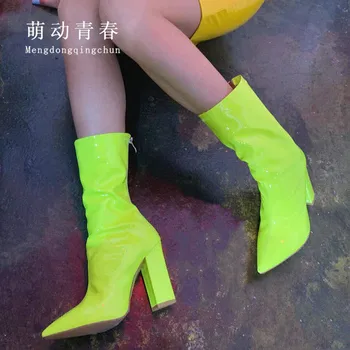 

Europe Band Women Boots Mujer Sexy Candy Color Patent PU Leather Women Botas Stiletto Ladies Pointed Toe Chunky High Heels Boots