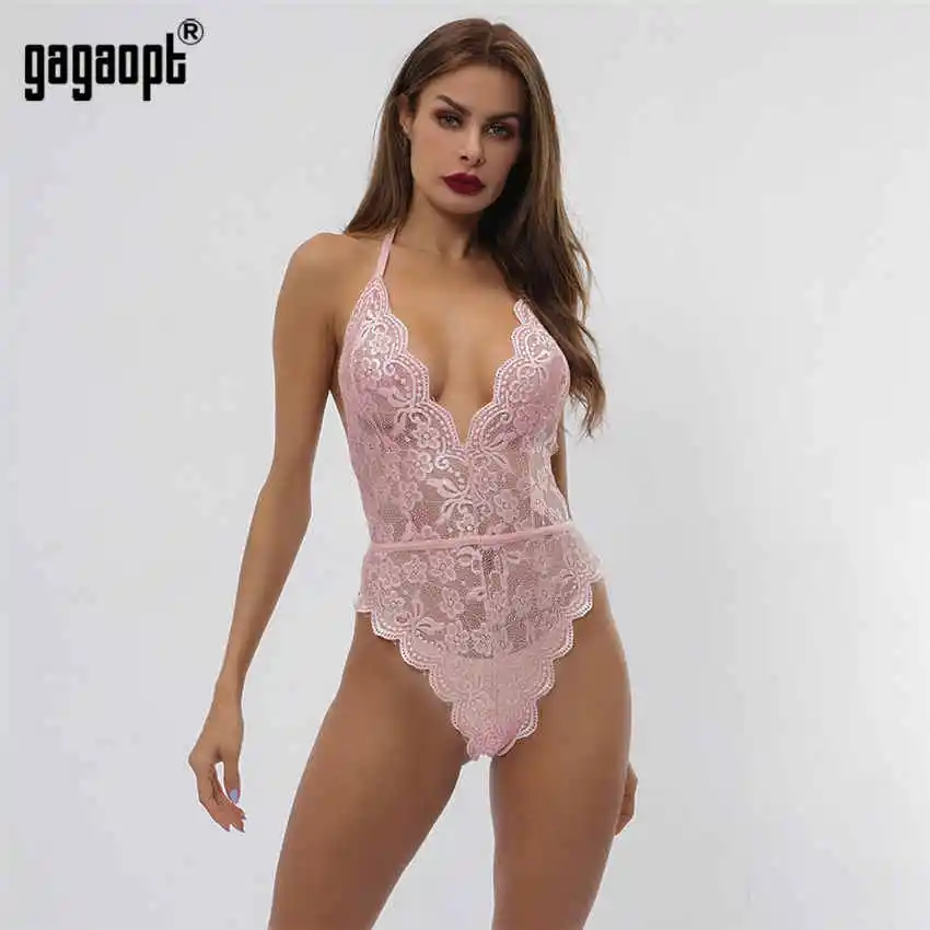 Gagaopt Lace Bodysuit Women Halter Floral Embroidery White Black Bodysuit Backless Sexy Bodysuit Jumpsuit Overalls Sleepwear sexy bodysuit Bodysuits