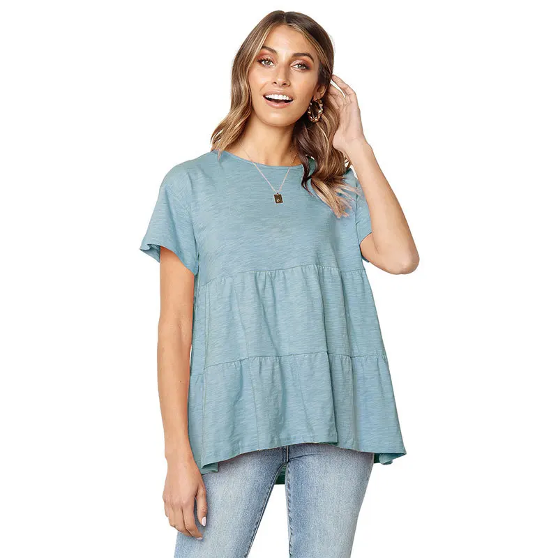 Горячая Женская блузка плюс размер 2XL летняя плиссированная туника с круглым вырезом Топы сшивание свободные футболки женские винтажные