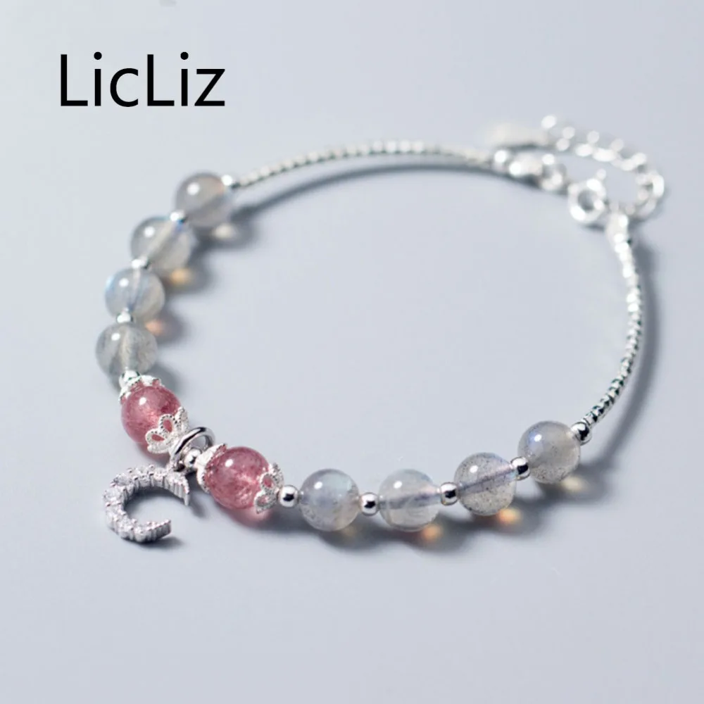 

LicLiz 2019 New 925 Sterling Silver Strawberry Quartz Bangles for Women Natural Moonstone Adjustable Link Chain Jewelry LB0132