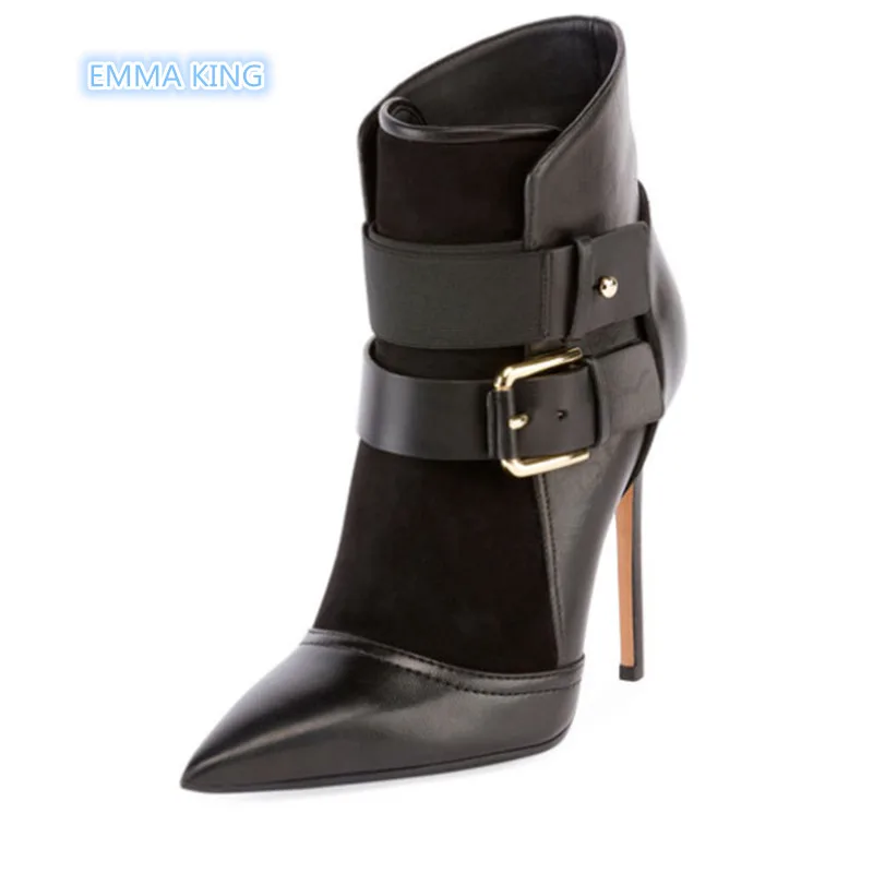 

Spring High Heels Patchwork Ankle Boots Women Black Leather Stiletto Heels Chelsea Boots Pointed Toe Belt Buckle Short Booties