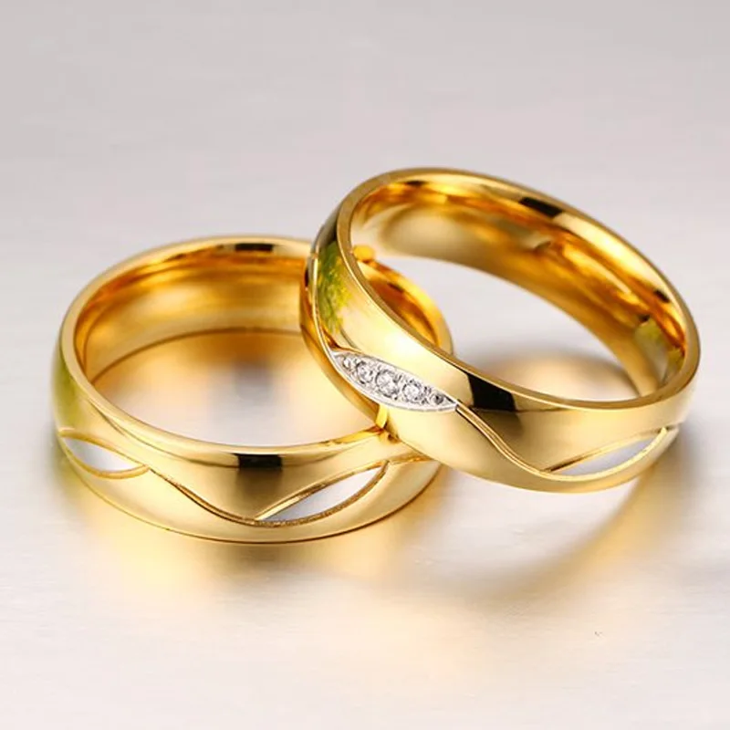 Meaeguet Classic Couple Rings For Lover's Cubic Zirconia Wedding Ring Gold-Color Stainless Steel Anel Jewelry