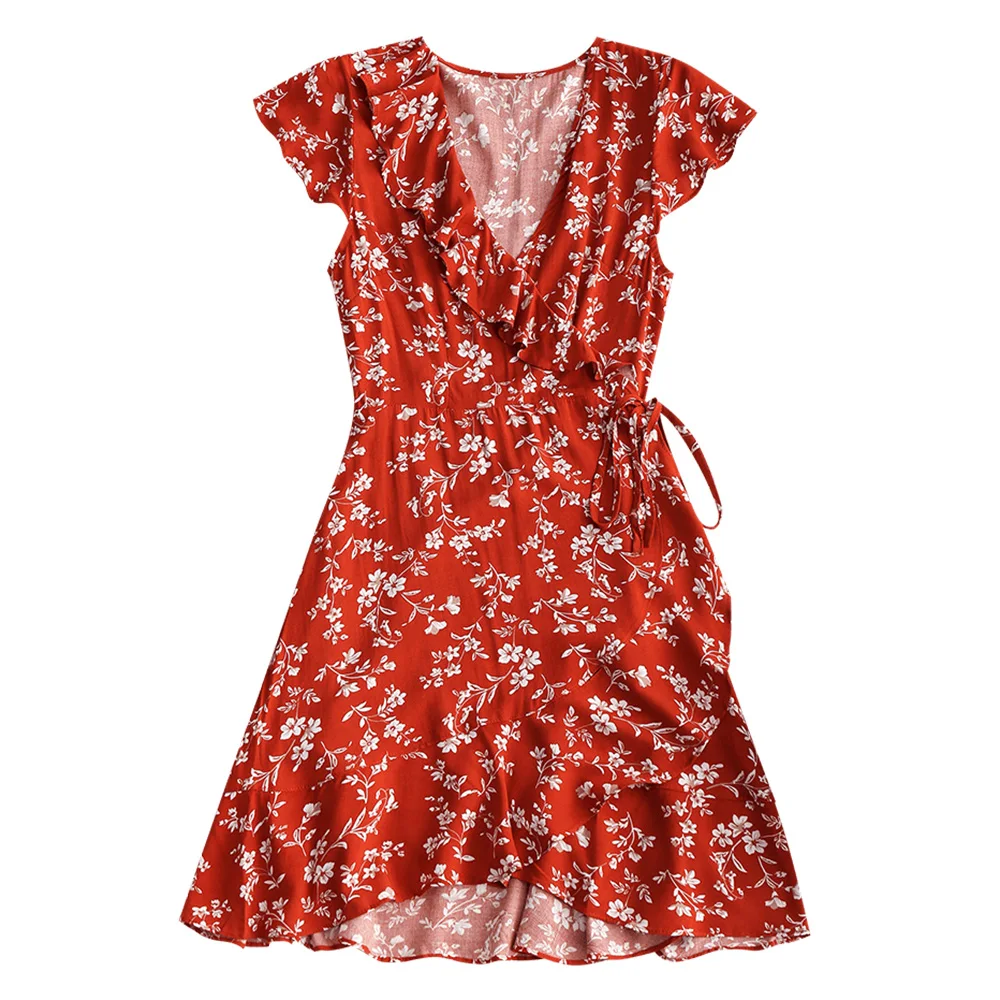 ZAFUL Summer Dress Women Tiny Floral Ruffle Wrap Mini Dress 2018 Boho V