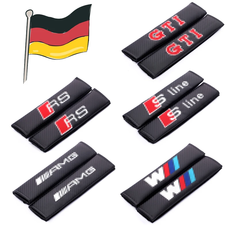 

Embroidery Modified cars emblem logo carbon fiber style seat belt cover shoulder pad for Germany performance Car accessories
