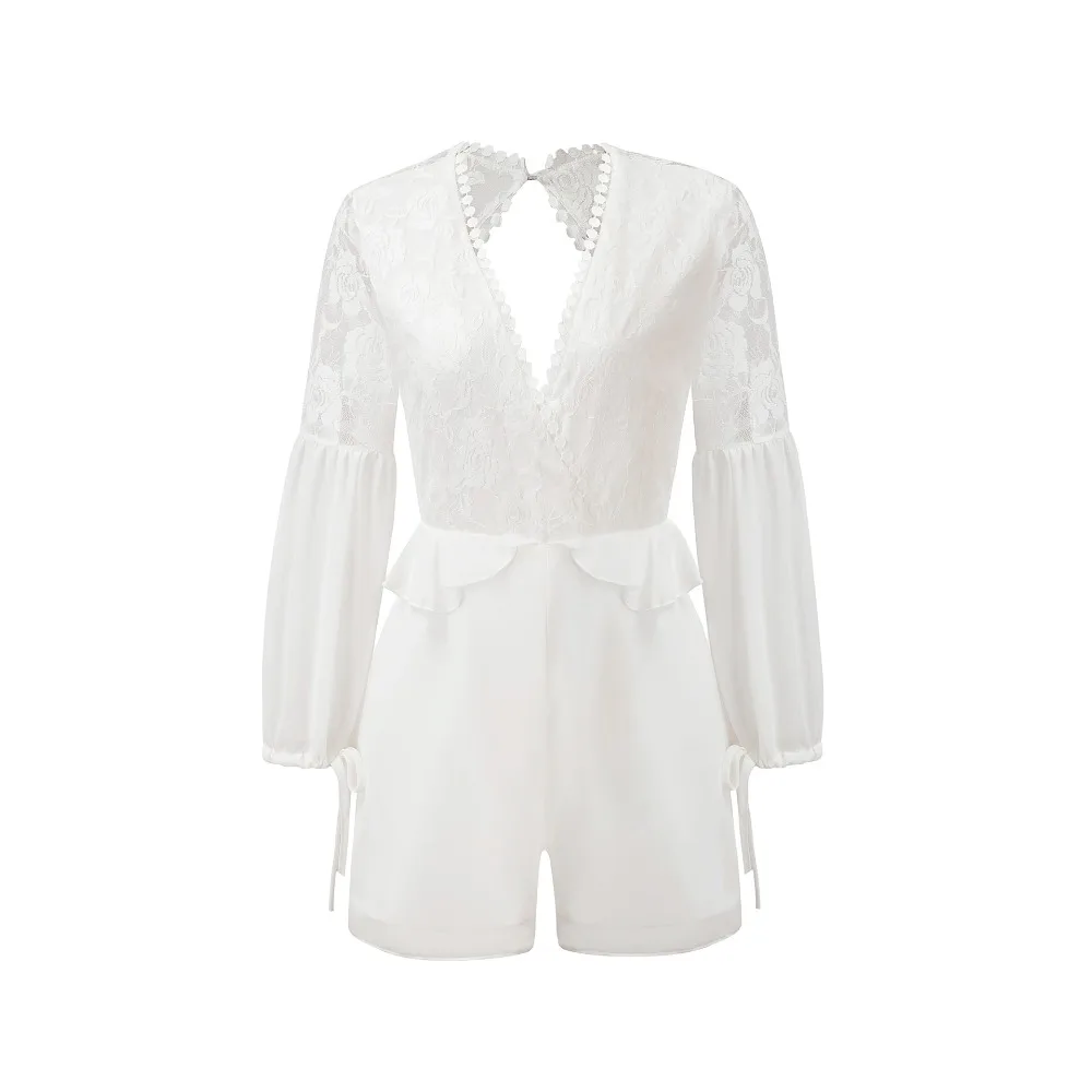 Summer Women Jumpsuit Lantern Sleeve Lace V-neck Halter Ruffle High Waist Stitching Chiffon Playsuits Completi Pantaloni Elegant Summer Women Jumpsuit Lantern Sleeve Lace V-neck Halter Ruffle High Waist Stitching Chiffon Playsuits Completi Pantaloni Elegant