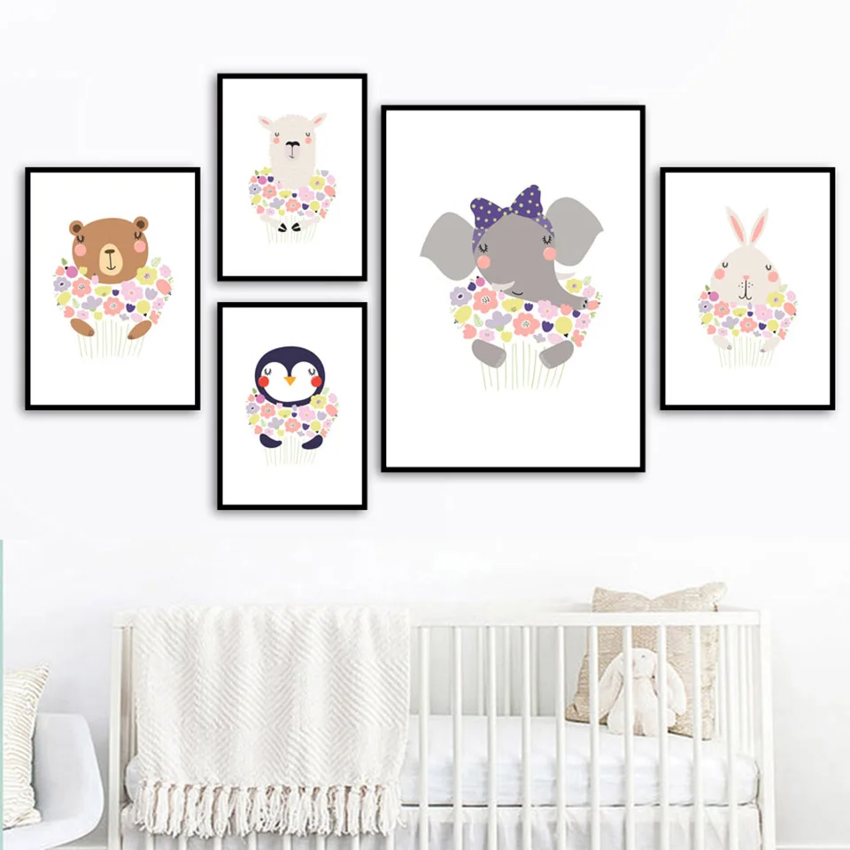 Elephant-Bear-Rabbit-Alpaca-Flower-Wall-Art-Print-Canvas-Painting-Nordic-Posters-And-Prints-Animal-Wall (1)