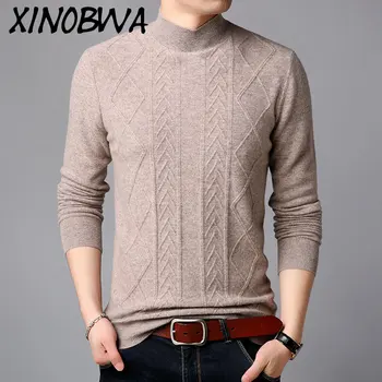 

Hot Sale Men's Fashion Turtleneck Long Sleeve England Style Thick Warm 100% Wool Jacquard Pullover Sweater Clothes Men Inflation