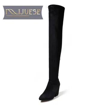 

MLJUESE 2018 women over the knee high boots kid suede vintage boots pointed toe autumn winter black color wedges high boots