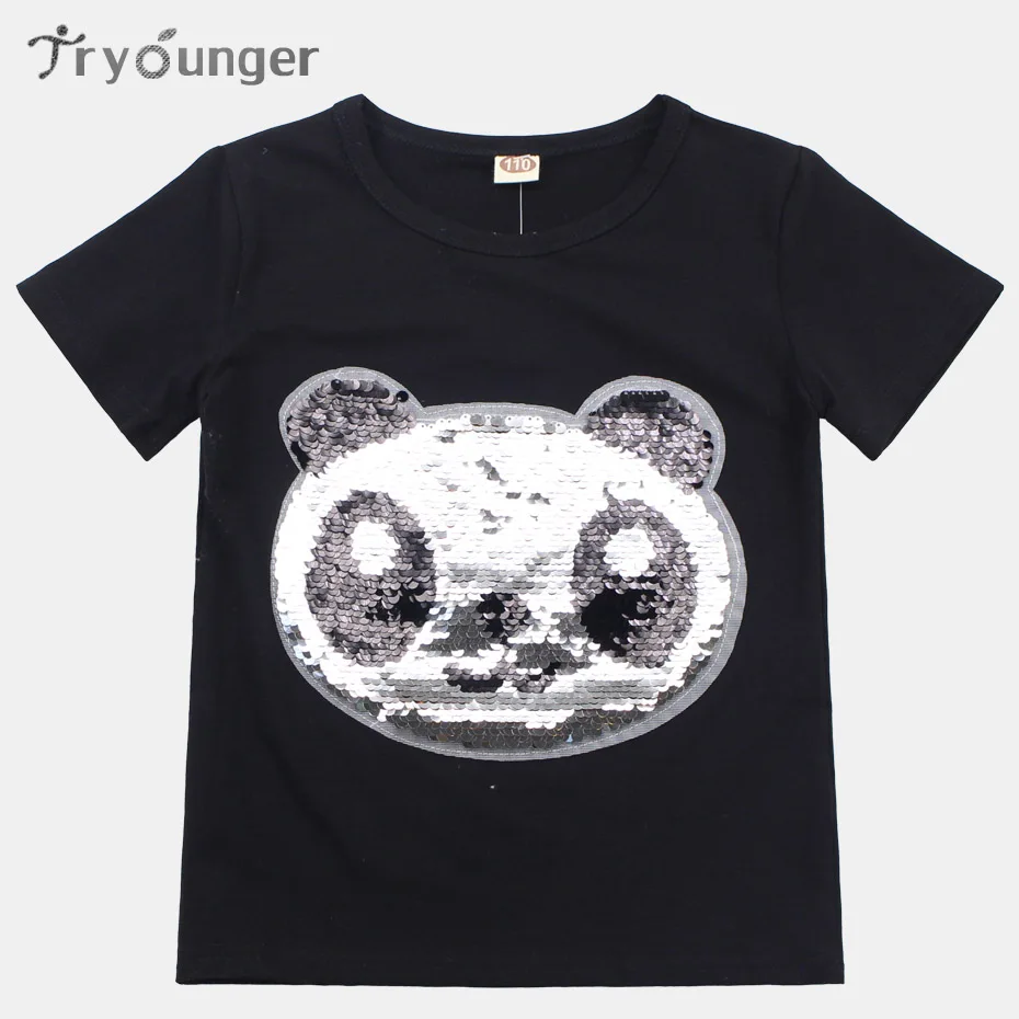 

2019 Girls Shirt Summer T-Shirt For Boys Panda Kids Top Sequins Kids Clothing Teen Costume For Child Boys & Girls 6 8 12 Years