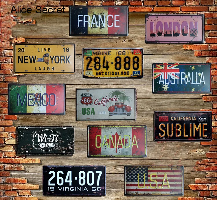 

USA Vintage Metal Tin Signs Route 66 Car Number Plates License Metal Plate Poster Bar Club Garage Tin Home Decoration Metal sign