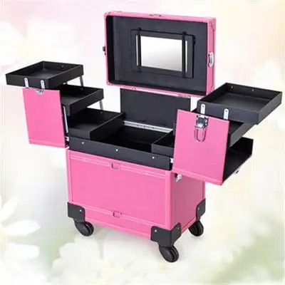 Брендовая косметичка, профессиональная дорожная тележка, коробка для макияжа, косметичка, профессиональный чемодан, сумка для макияжа, универсальное колесо - Цвет: Pink