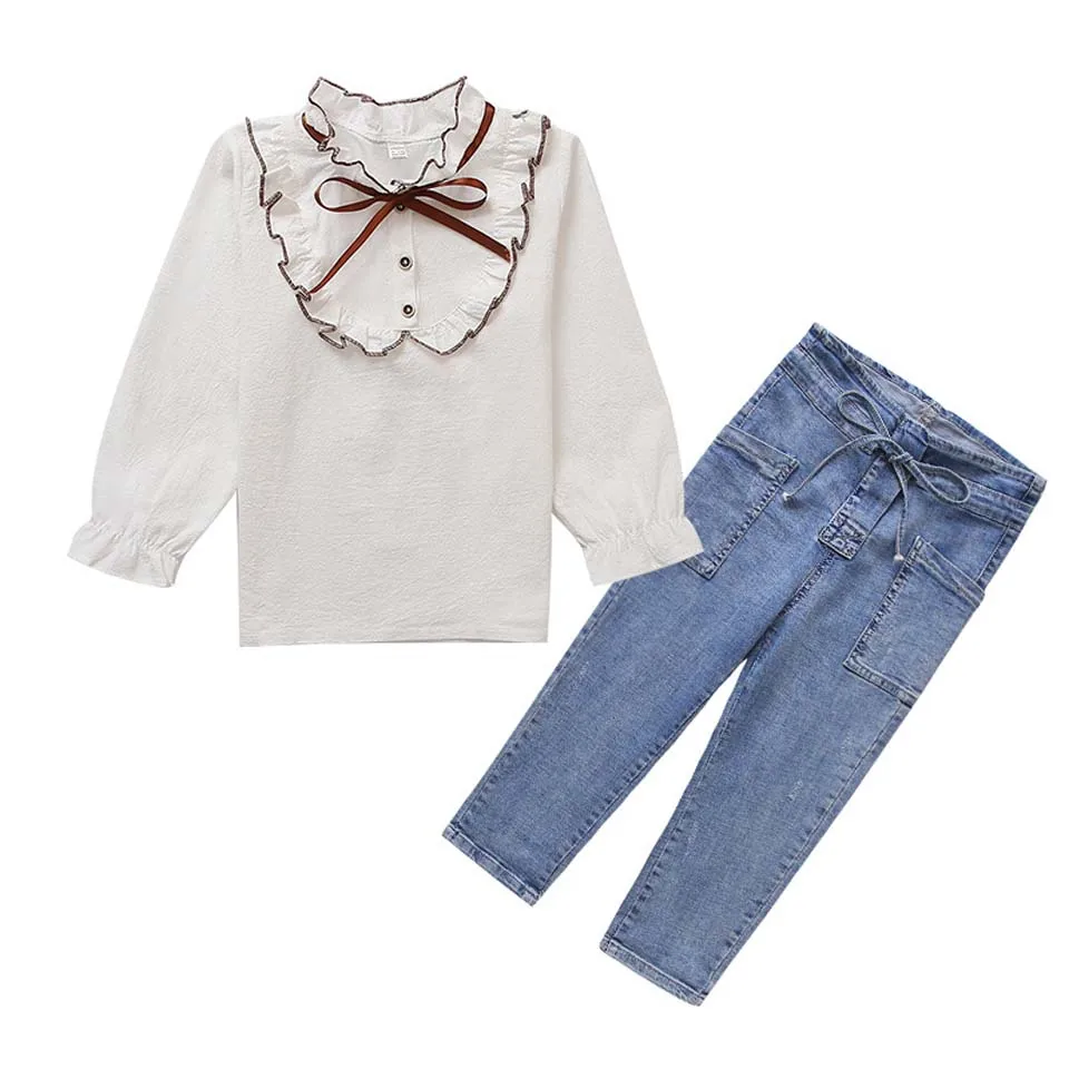 

2019 Fashion Spring Summer Casual Clothes Sets 4-12Y Toddler Baby Girls Petal Sleeve White T-Shirts Tops Solid Blue Pants