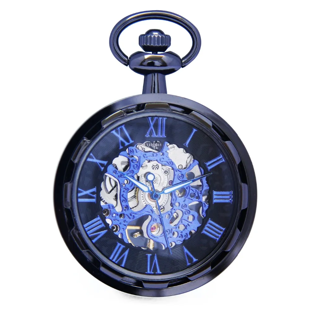 

Cool Skeleton Hollow Roman Blue Analog Open Face Hand Winding Movement Mechanical Pocket Watch Clock Pendant Fobs Chain /WPK241