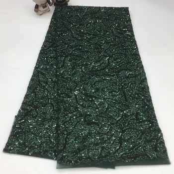 

5yards high density sequins embroidered French net lace fabric army green African tulle lace fabric for fashion dress SQXS075
