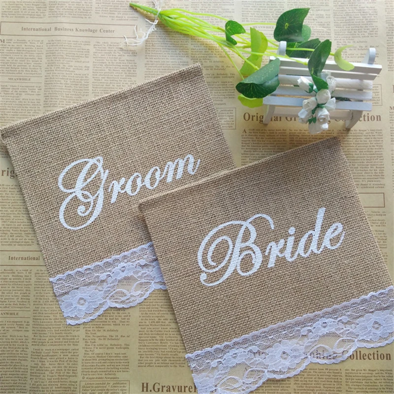 

Wedding Decoration GROOM & BRIDE Chair Decorations Flag Burlap Lace Flag Decoration Mariage Party Decor Supplies Casamento.Q
