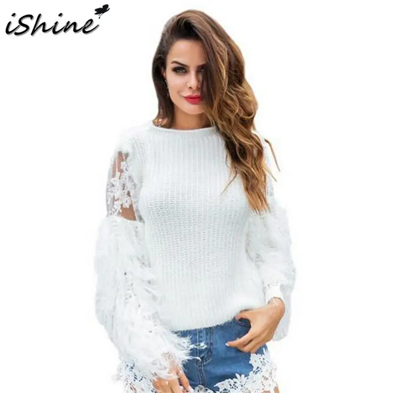 iSHINE 2018 New Fringed Plush Sleeves Perspective Lace Stitching Sweater Autumn And Winter Warm Women's Top | Женская одежда