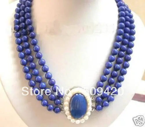 

~~ Free ShippingCharming Jewelry 3Row Real Lapis Lazuli white pearl clasp Necklace