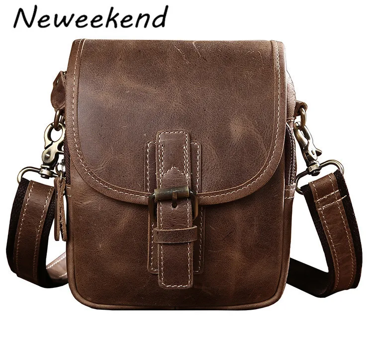 

NEWEEKEND Retro Men Genuine Leather Cowhide Small Waist Shoulder Crossbody Phone Bag Handbag for ipad messenger bags