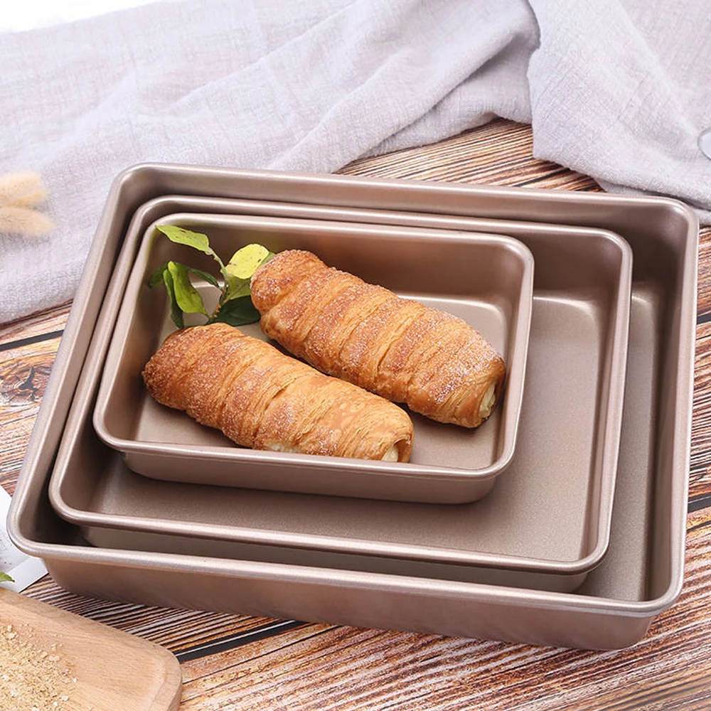 

9/11/13inch Gold Color Non-stick Square Cake Pan Bread Chicken Baking Pan Oven Heavy Steel Tray