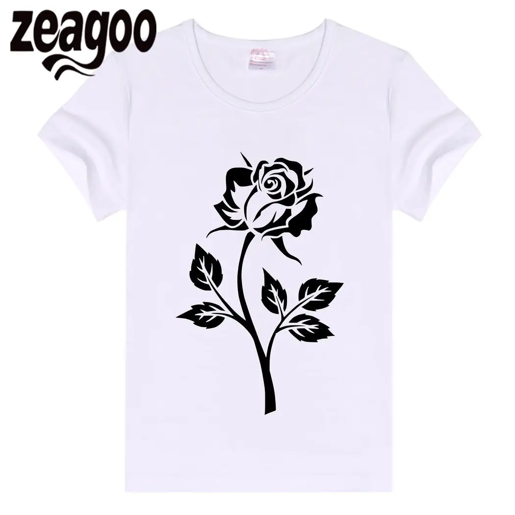 Zeagoo T-Shirt1 Повседневное одноцветное Plain Crew Neck Slim Fit мягкий короткий рукав Футболка белая black rose узор Для женщин