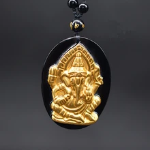 Прямая натуральный обсидиан Золотой набор с четырьмя руками как Бог кулон для мужчин и женщин ожерелье