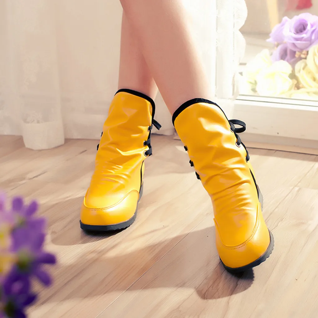 Женские сапоги youyedian; коллекция года; сезон осень; кожаные ботинки на шнуровке; модная повседневная женская обувь на танкетке; однотонные женские ботинки; Botas Mujer - Цвет: Цвет: желтый