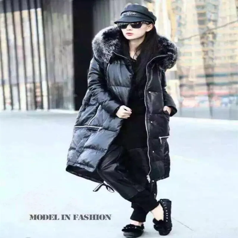

New Arrive European Female Leather Down Coat Female Long Sheepskin Down Coat