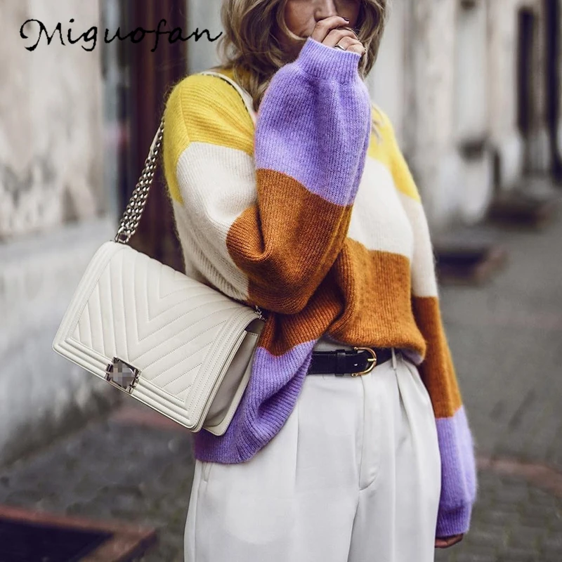 

Miguofan Patchwork Mohair Knitted Sweater Pullovers Women Jumpers Long Sleeve Casual Tops Plus Size Sweaters 2019 Winter Fashion