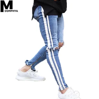

Moomphya 2019 Side Stripes Distressed Holes Skinny Jeans Men Streetwear Hip Hop Denim Pants Ripped Jeans For Men Blue Men Jeans