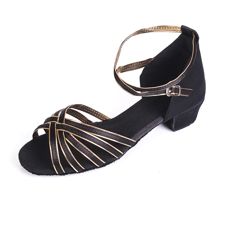 EU24-41, женская обувь для латиноамериканских танцев, Детские бальные танцевальные туфли на низком каблуке для девочек, детские женские туфли для сальсы, Каблук 3,5 см - Цвет: Black Gold