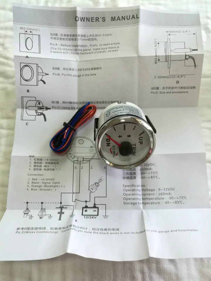 МОРСКОЙ лодочный прибор измерения продольного наклона 167-10OHM 9-32 V 52mm 316L хром безель с белым циферблатом 800-00096