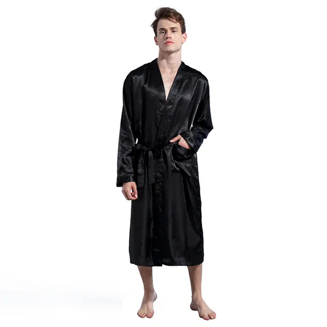 Grey Men's Robes Silk Satin Pajama Sleepwear Long Robes Night Gown