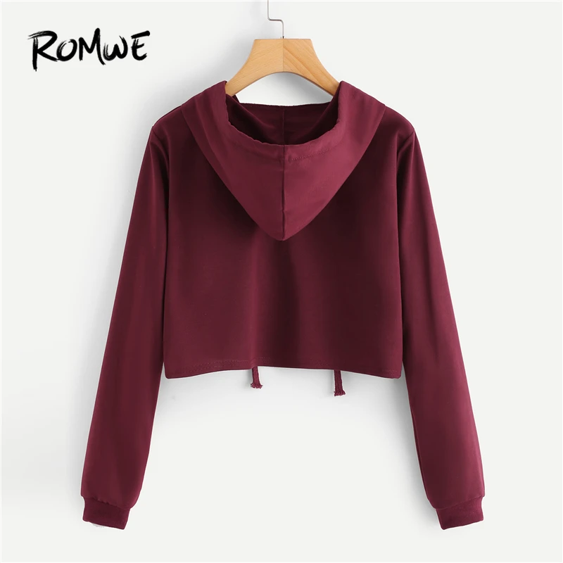  ROMWE Women Autumn Cute Hoodies Slogan Print Crop Top Sweatshirt Casual Burgundy Cloth Ladies Pullo