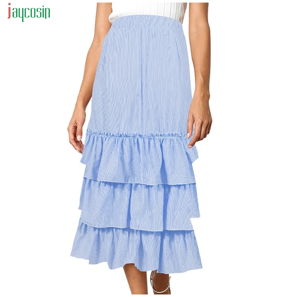 Jaycosin Женская модная полосатая гофрированная юбка с подолом, сексуальная Элегантная Многоуровневая юбка с высокой талией Falda Saia, оборка, обёрточная юбка средней длины, удлиненная юбка