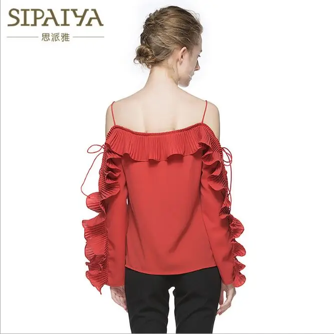 Tops Style Women Sexy Patchwork The Shirt white Slim Black Neck Top Off Blouses Sling Slash Fashion Ruffles Sipaiya Shirts European Shoulder red tgYwg5q