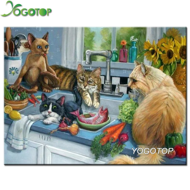 

YOGOTOP kitchen cat Pattern Diamond Embroidery DIY Needlework Diamond Painting Cross Stitch 5D Full Rhinestones Home Decor CV183
