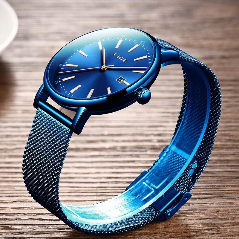 $16.99 New Fashion Men Watches Simple Blue Waterproof Date Quartz Watch Men Ultra-Thin Mesh Steel Spo