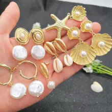 Năm 2019 Thời Trang Baroque Giả Ngọc Trai Vỏ Tai Giọt Dành Cho Nữ Màu Vàng Hình Học Cowrie Tuyên Bố Bông Tai Trang Sức Dự Tiệc(China)