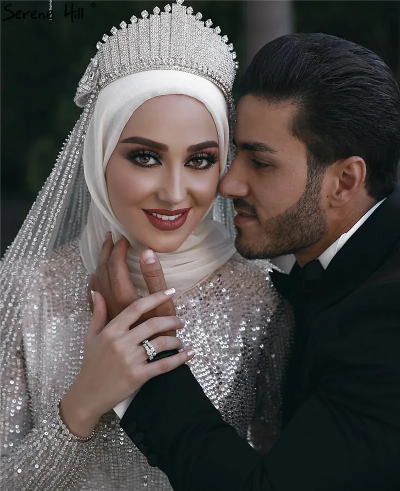 Мусульманские блестящие Роскошные высококлассные свадебные платья цвета слоновой кости с длинным рукавом винтажное свадебное платье HA2214 на заказ