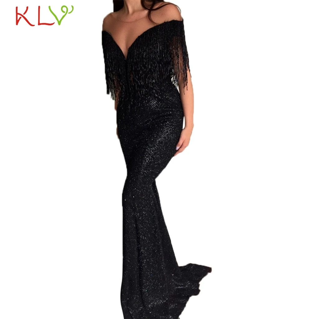 Женское вечернее Черное вечернее длинное платье с блестками, Элегантное летнее вечернее платье большого размера, женское платье Hiver 18Nov30 - Цвет: A