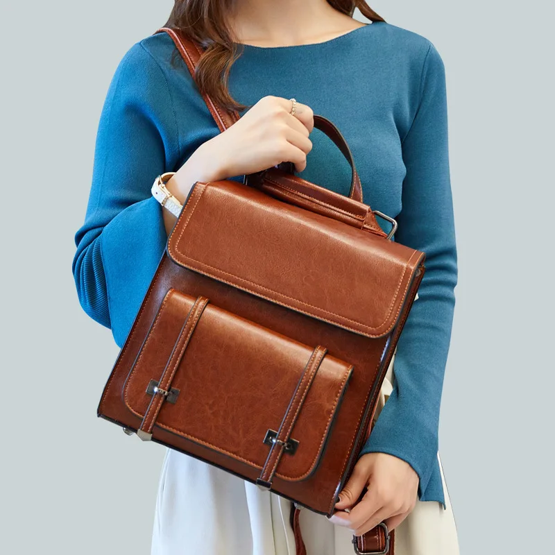 

2019 Women Oil Wax Cowhide Travel Knapsack Shoulder Bag Fashion Girl Daypack High Quality Genuine Leather School Backpack