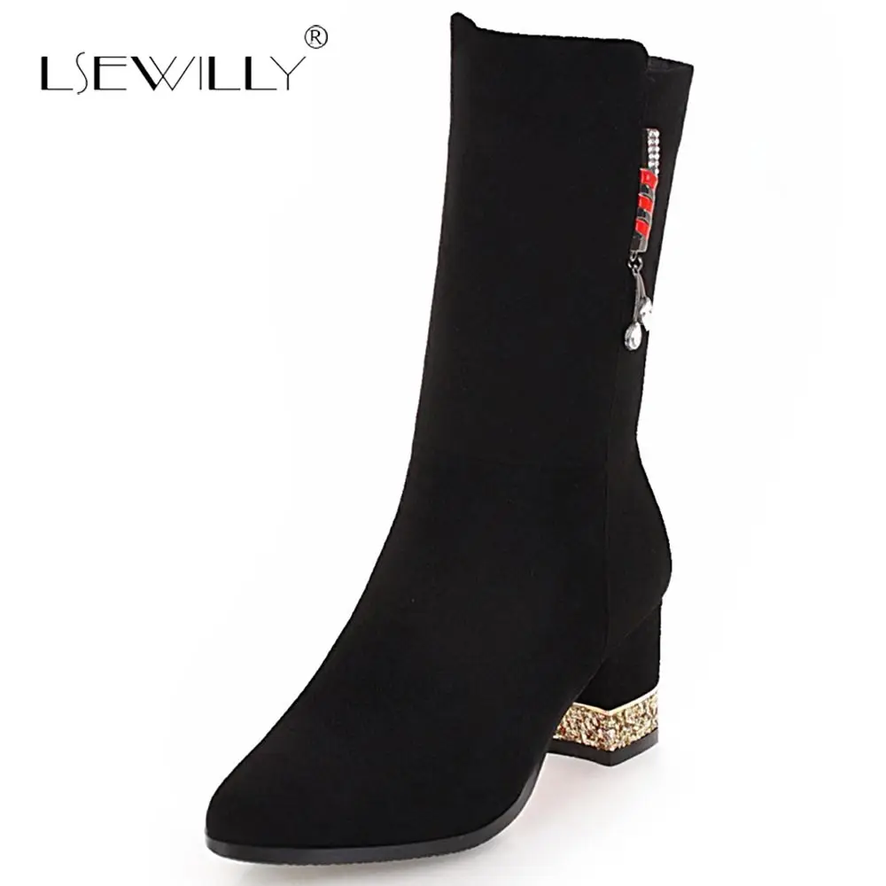 

Lsewilly Women Boots Mid Calf Boots Warm Fur Winter Boots Thick High Heel Elegant Ladies Black Fashion Boots Size 33-43 S818
