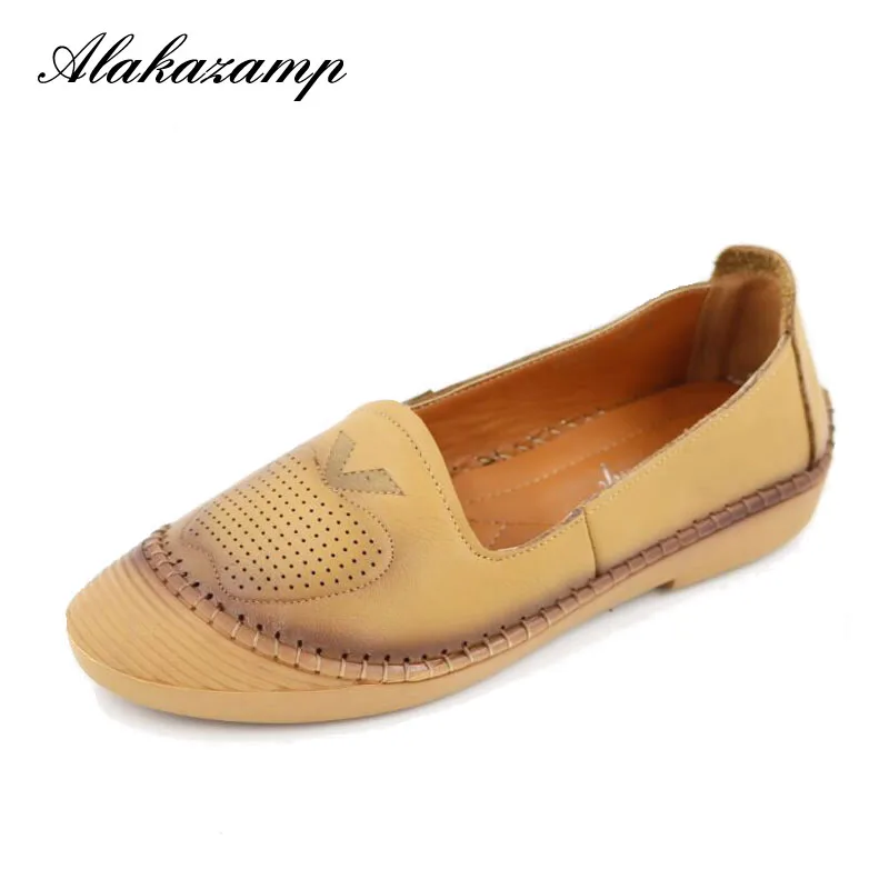 

New 2018 Summer Women's Casual Shoes Genuine Leather Woman Flats Slip On Femal Loafers Lady Boat Shoe Big Size 35-40 AX82